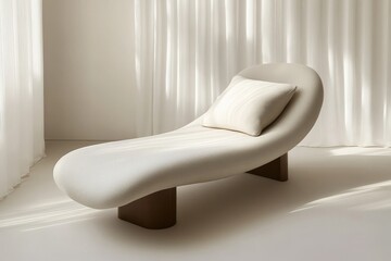 Modern, cream-colored chaise lounge in minimalist setting.