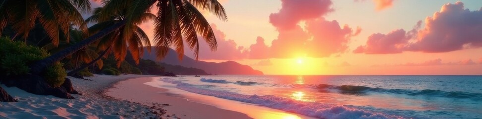 Obraz premium Palm trees swaying in the ocean breeze, beach at dusk, ocean spray, beach atmosphere, sunset colors