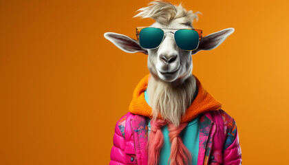 Stylish goat wearing sunglasses and colorful scarf

