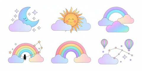 Pastel sky icons set for children's illustrations