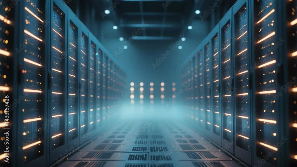 Poster inside a high-tech data center featuring server racks, neural computing, and digital support systems