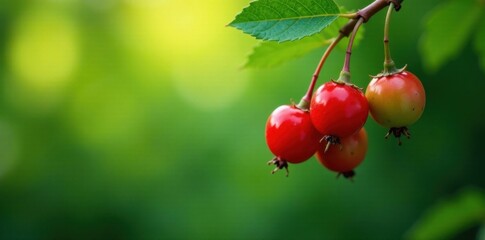 Fototapeta premium Red and green berries hanging from a branch, ornaments, berries, nature