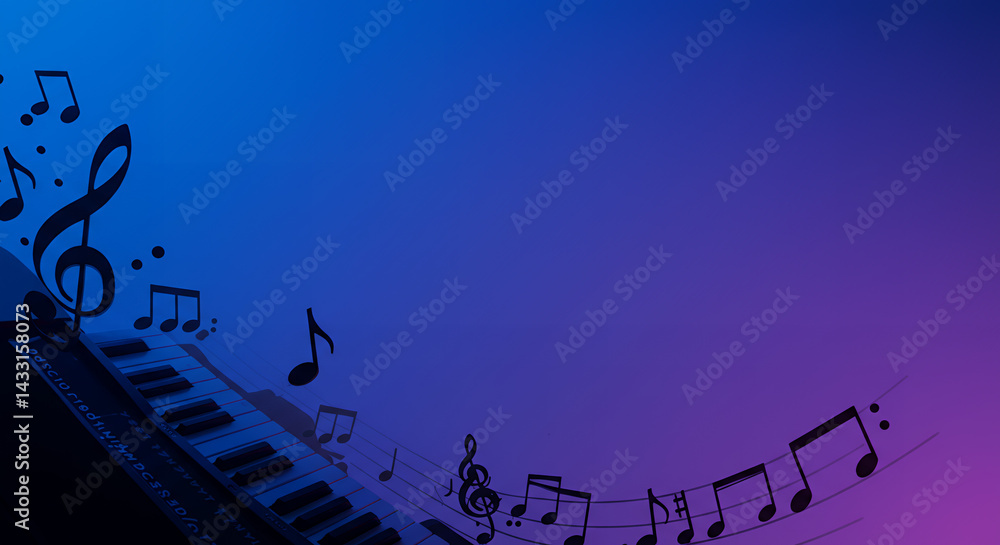 Poster abstract music background blue and purple gradient with piano keys and musical notes for website des