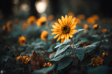 Close-up of a single sunflower in a field with soft sunlight, minimalist style.

