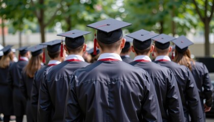 Graduates in caps and gowns at a commencement ceremony.