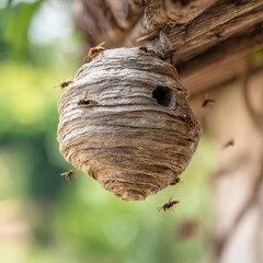 an Asian hornet nest (vespa velutina) hanging under a wooden roof edge