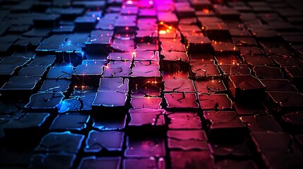 Obraz premium A textured surface composed of cracked dark cubes is illuminated by vibrant blue, pink, and red light creating an abstract, futuristic effect