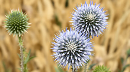 Obraz premium two globe thistle flowers one bluish-purple the other green against a golden backdrop