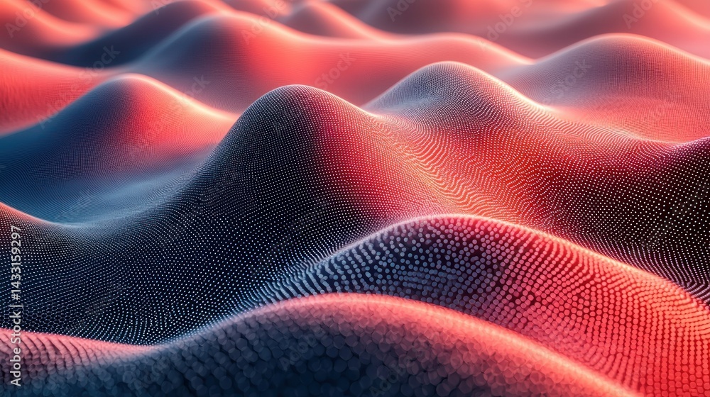 Poster abstract red and blue digital landscape: a mesmerizing visual representation of undulating digital t