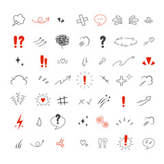 Anime Emotion effect icons. Collection of hand drawn arrows, lines, emphasis, sparkle or sunburst. Vector illustration.