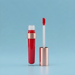 Bright red lip gloss in transparent packaging with rose gold cap and applicator. Light blue background.
