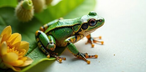 Obraz premium Grenouille en plastique avec panneau blanc et feuilles, panneau blanc, maison, d?coration ext?rieure