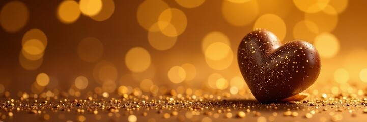 Obraz premium Chocolate heart on glittering gold background, glamour, shiny