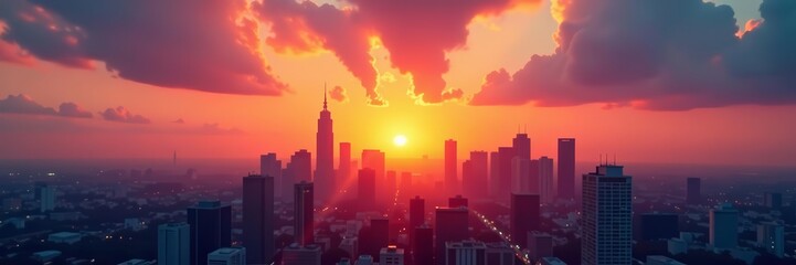 Fototapeta premium City skyline with rising sun behind buildings, morning, sunrays