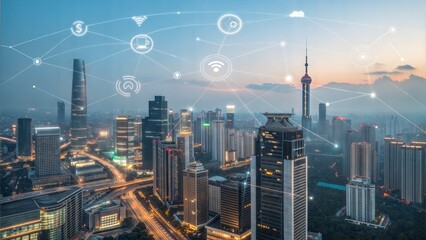 Obraz premium Aerial cityscape with smart technology integration. Digital icons representing IoT and augmented reality. (Bigdata)