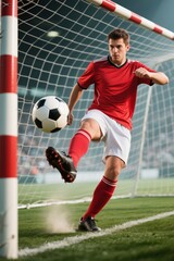 there is a man kicking a soccer ball on a field