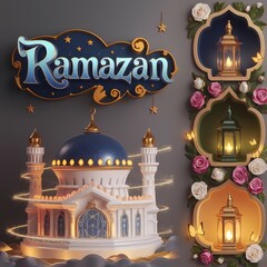 Fototapeta premium Ramazan Dark Fantasy 3D illustration Scene Featuring Glowing White Mosque with Blue Dome Golden Details Surrounded by Magical Lanterns Butterflies Roses Elegant Ramazan Text Luxurious Fantasy Setting