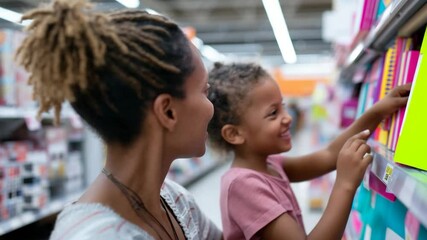 Mother and daughter share joyful moment while shopping together in store, browsing colorful school supplies with genuine smiles