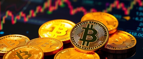 Glowing gold coins, stock market graphs projected onto them, bear market, profit
