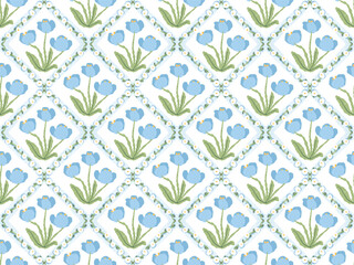 cute blue tulip flower block print seamless pattern background