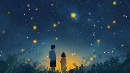 Obraz premium Children Watching Fireflies and Stars at Night