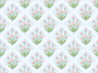 watercolor pink tulip on blue block print seamless pattern background