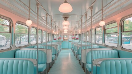 Retro diner car, city street view, pastel interior, lunch