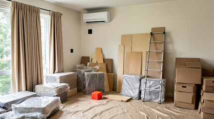 room with various items organized during renovation or rearrangement