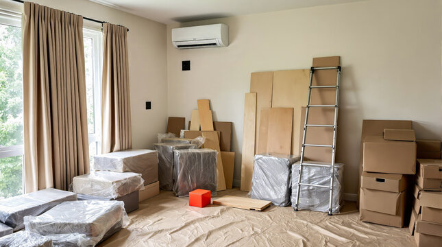 room with various items organized during renovation or rearrangement