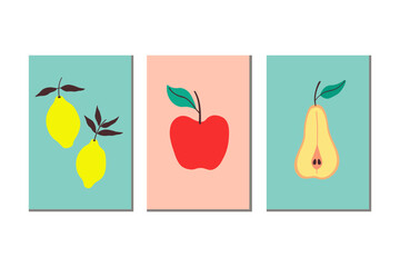 Vector Posters with Fruits harvest in minimalist conceptual style. Modern Border Cards with lime, pear, apple, leaf. Design backgrounds for printing, menu, wallpaper, template. Food, summer, fruity