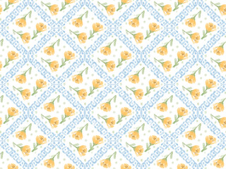 watercolor yellow cosmos flower block seamless pattern background