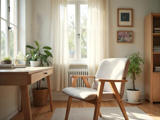 Chair and Desk in Bright Home Office with Natural Light Interior