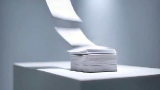 Stack of white paper sheets on minimal surface with papers flying away, symbolizing digital transformation and paperless workflow