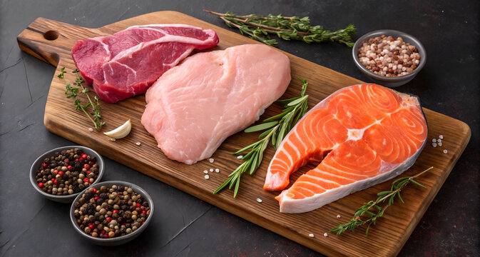 Set of raw meat steaks salmon, beef and chicken on a cutting board