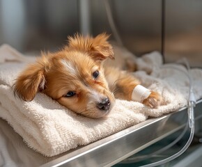 a small puppy lying on a soft towel or veterinary blanket inside a recovery enclosure at a vet clinic