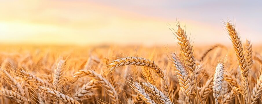 Golden wheat field under a soft sunset glow.