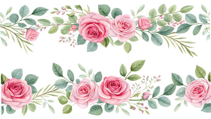 Pink rose flower and eucalyptus. Watercolor seamless floral border on white background PNG