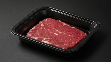 Freshly cut beef steak in a black tray ready for cooking and meal preparation at home kitchen