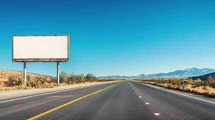 Desert Road with Abandoned Billboard and Clear Blue Sky in Remote Area