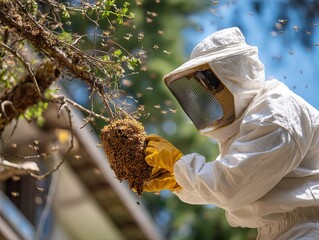 specialist wearing full-body protective suit and helmet with mesh visor, carefully removing an Asian hornet nest (vespa velutina) 