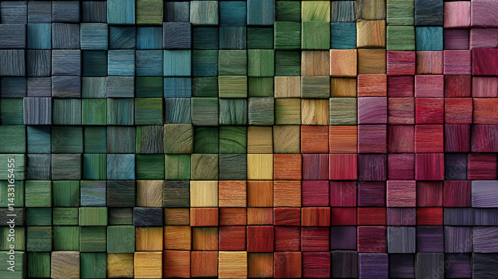 Aufkleber colorful wooden cube texture, arranged in a grid pattern, showcasing a vibrant and diverse color pal