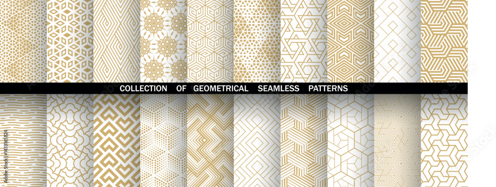 Poster Geometric set of seamless golden and white patterns. Simple vector graphics