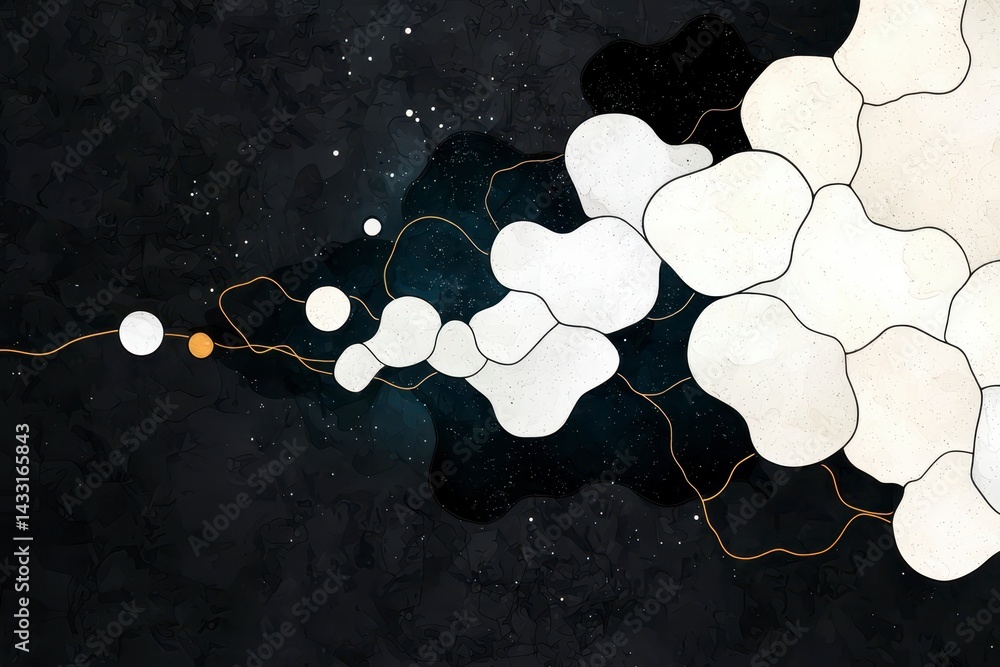 Fototapete Dynamic Abstract Design with White Cell Shapes Golden Lines on Dark Background