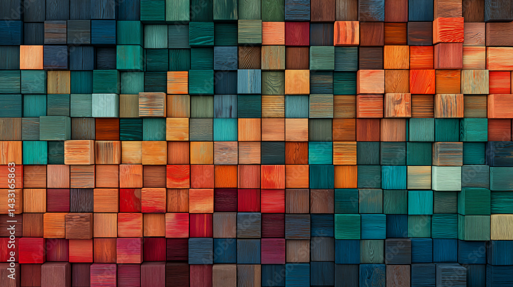 Poster Multicolored wooden cube texture, creating a geometric pattern background, showcasing a modern and artistic design ideal for various applications