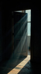 Wooden door with light beam creating a mysterious and cinematic atmosphere, perfect for suspense-themed designs