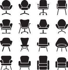 Collection of black office chair silhouettes in various ergonomic designs.
