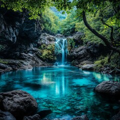 Naklejka premium Serene Jungle Waterfall with Lush Greenery and Turquoise Pool in a Natural Paradise