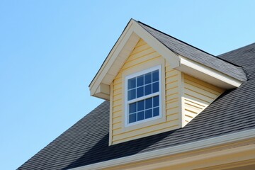 House Exterior. Roof Window. Second floor among blue sky. Mansard attic. Newly build houses. Gable roof with skylight, asphalt roofing, shingles. Residential Home. Vinyl Siding. Polymeric roof-tiles