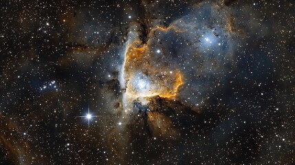 Cosmic Nebula with Bright Stars and Dark Dust Lanes