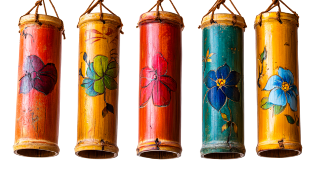 Colorful bamboo wind chimes hanging in sunlight